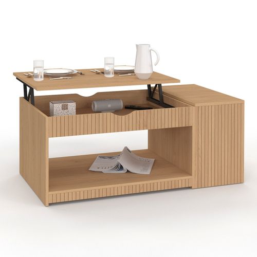 Table Basse Plateau Relevable Rectangulaire Juliette Avec Coffre Lattes Tasseau Bois Coloris Chêne