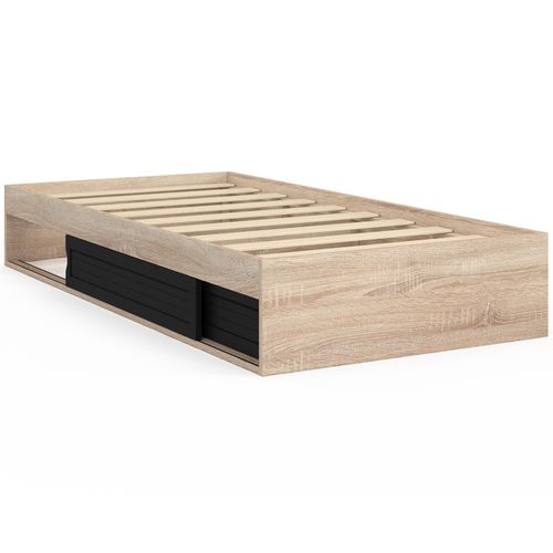 Cadre De Lit Simple Salem Avec Rangement Et Sommier 90 X 190 Cm Façon Hêtre Et Noir