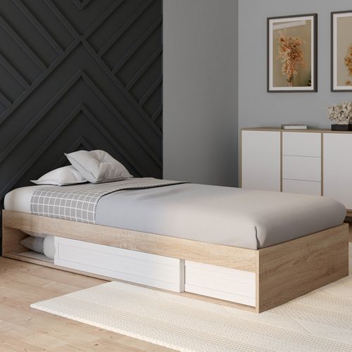Cadre De Lit Simple Salem Avec Rangement Et Sommier 90 X 190 Cm Façon Hêtre Et Blanc
