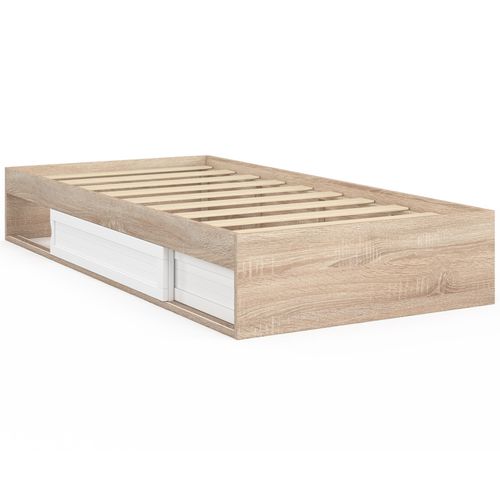 Cadre De Lit Simple Salem Avec Rangement Et Sommier 90 X 190 Cm Façon Hêtre Et Blanc
