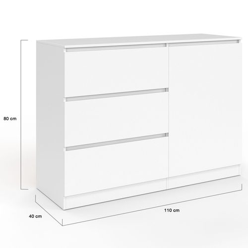 Commode 3 Tiroirs + 1 Porte Tomi 110 Cm Bois Blanc