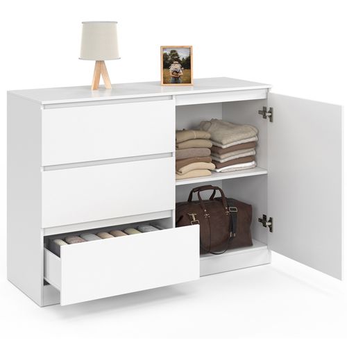Commode 3 Tiroirs + 1 Porte Tomi 110 Cm Bois Blanc