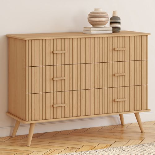 Commode 6 Tiroirs Juliette 110 Cm Effet Lattes Tasseau Bois Coloris Chêne
