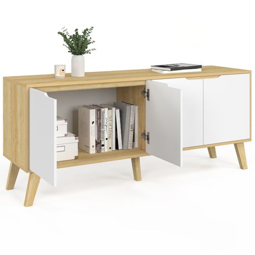 Buffet Bas Scandinave 140 Cm Finn 4 Portes Blanc Et Bois Façon Hêtre