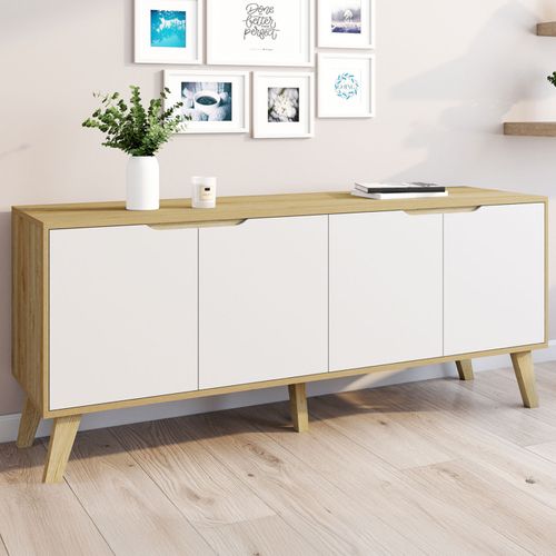 Buffet Bas Scandinave 140 Cm Finn 4 Portes Blanc Et Bois Façon Hêtre