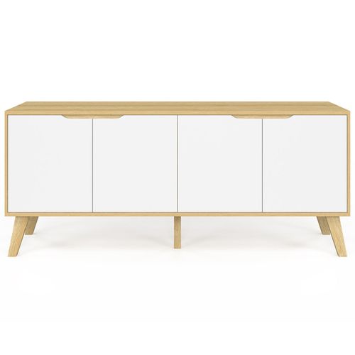 Buffet Bas Scandinave 140 Cm Finn 4 Portes Blanc Et Bois Façon Hêtre
