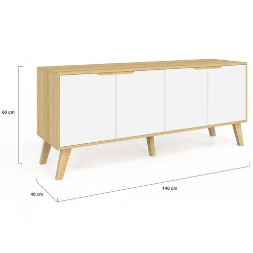 Buffet Bas Scandinave 140 Cm Finn 4 Portes Blanc Et Bois Façon Hêtre
