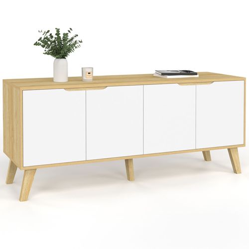Buffet Bas Scandinave 140 Cm Finn 4 Portes Blanc Et Bois Façon Hêtre