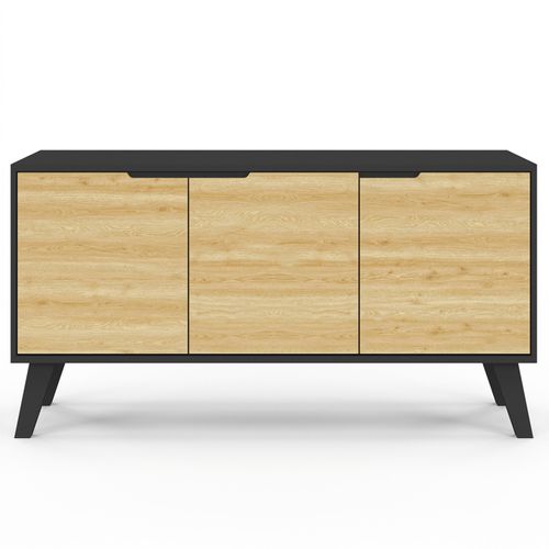Buffet Bas Scandinave 113 Cm Finn 3 Portes Noir Et Bois Façon Hêtre