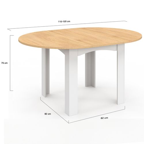 Table à Manger Extensible Ronde Dona 4-8 Personnes Blanche Plateau Façon Hêtre 110-150 Cm