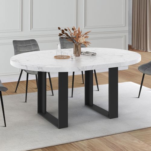 Table à Manger Extensible Ronde Phoenix 4-6 Personnes Plateau Effet Marbre Blanc Alaska 110-150 Cm