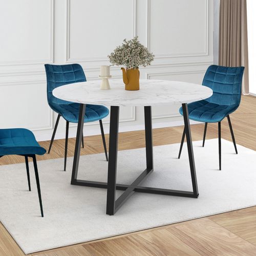 Table à Manger Extensible Ronde Selma 4-8 Personnes Noir Et Plateau Marbre Blanc Alaska 110-150 Cm