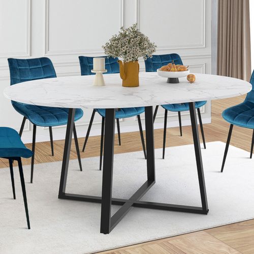 Table à Manger Extensible Ronde Selma 4-8 Personnes Noir Et Plateau Marbre Blanc Alaska 110-150 Cm