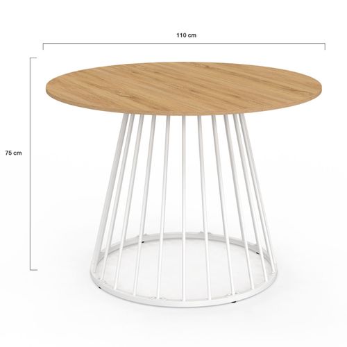 Table à Manger Ronde Yuna 6 Personnes Plateau Bois Et Pied Filaire En Métal Blanc 110 Cm