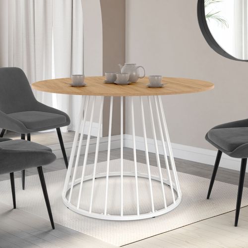 Table à Manger Ronde Yuna 6 Personnes Plateau Bois Et Pied Filaire En Métal Blanc 110 Cm