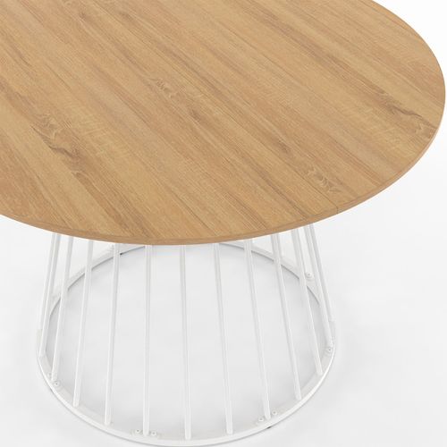 Table à Manger Ronde Yuna 6 Personnes Plateau Bois Et Pied Filaire En Métal Blanc 110 Cm