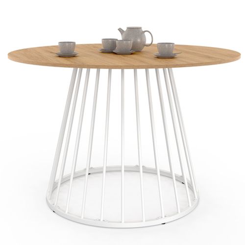 Table à Manger Ronde Yuna 6 Personnes Plateau Bois Et Pied Filaire En Métal Blanc 110 Cm