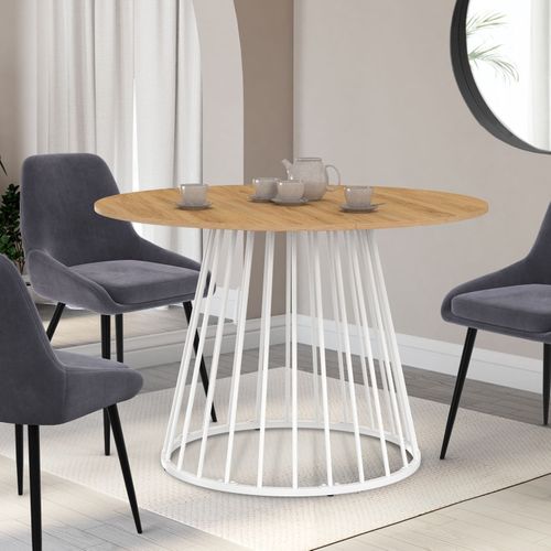 Table à Manger Extensible Ronde Yuna 4-8 Personnes Plateau Bois Et Pied Filaire En Métal Blanc 110 -