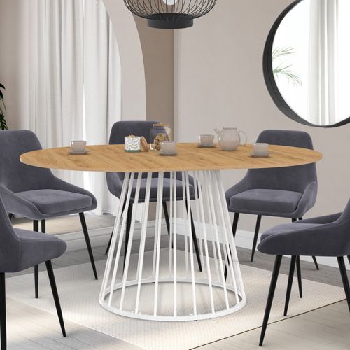 Table à Manger Extensible Ronde Yuna 4-8 Personnes Plateau Bois Et Pied Filaire En Métal Blanc 110 -