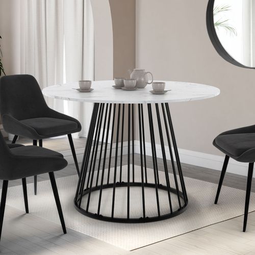 Table à Manger Extensible Ronde Yuna 4-8 Personnes Plateau Effet Marbre Blanc Alaska Et Noir 110 - 1