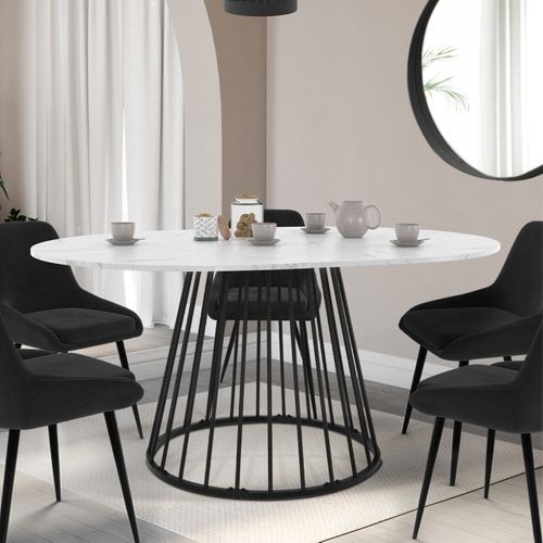 Table à Manger Extensible Ronde Yuna 4-8 Personnes Plateau Effet Marbre Blanc Alaska Et Noir 110 - 1