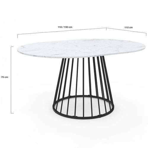 Table à Manger Extensible Ronde Yuna 4-8 Personnes Plateau Effet Marbre Blanc Alaska Et Noir 110 - 1