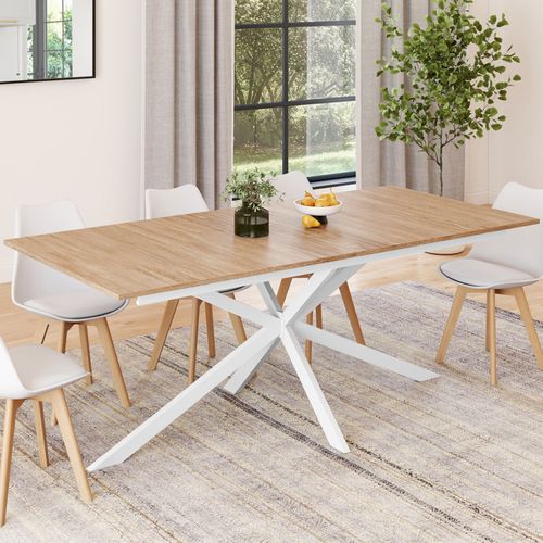 Table à Manger Extensible Rectangle Alix 8-12 Personnes Pied Araignée Bois Et Blanc 200-240 Cm