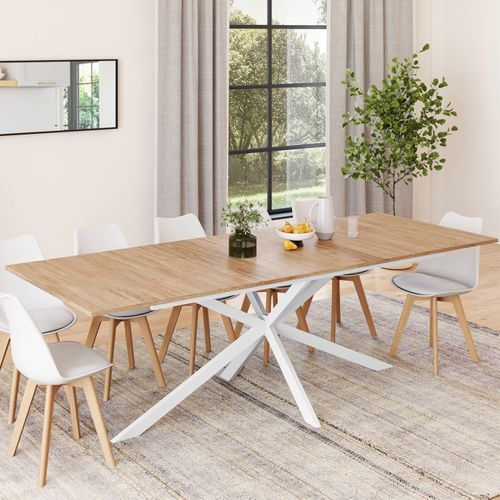 Table à Manger Extensible Rectangle Alix 8-12 Personnes Pied Araignée Bois Et Blanc 200-240 Cm