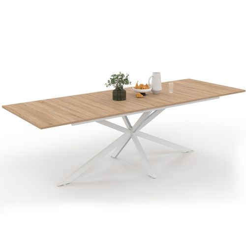 Table à Manger Extensible Rectangle Alix 8-12 Personnes Pied Araignée Bois Et Blanc 200-240 Cm