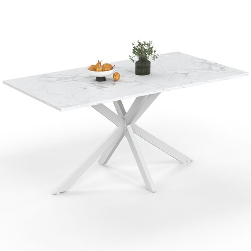 Table à Manger Rectangle Alix 8 Personnes Pied Araignée Blanc Plateau Effet Marbre Blanc Alaska 160