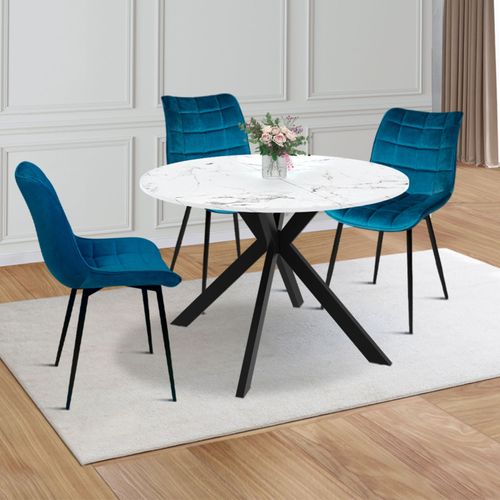 Table à Manger Extensible Ronde Alix 4-10 Personnes Pied Araignée Noir Plateau Effet Marbre Blanc Al