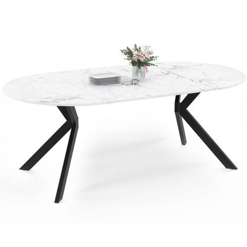 Table à Manger Extensible Ronde Alix 4-10 Personnes Pied Araignée Noir Plateau Effet Marbre Blanc Al