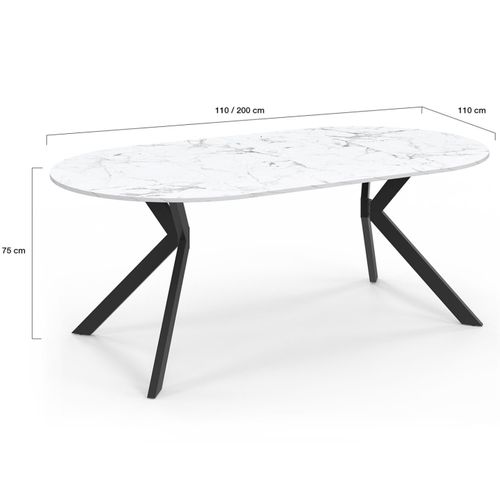 Table à Manger Extensible Ronde Alix 4-10 Personnes Pied Araignée Noir Plateau Effet Marbre Blanc Al