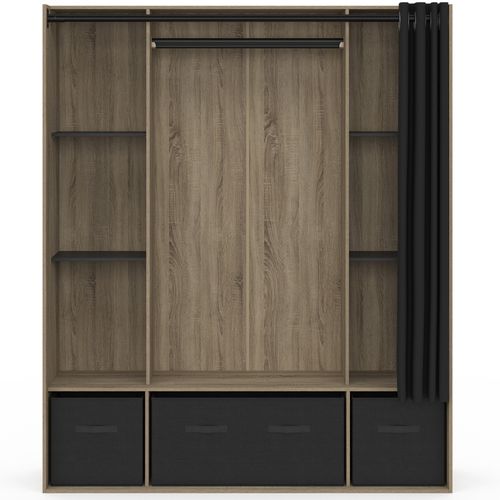 Dressing Penderie Diane 140 X 45 X 167 Cm Hêtre Avec Étagères + Boites De Rangement + Rideau Noir