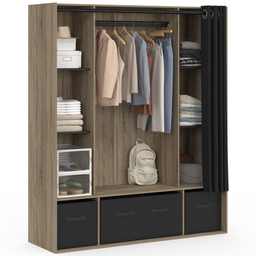 Dressing Penderie Diane 140 X 45 X 167 Cm Hêtre Avec Étagères + Boites De Rangement + Rideau Noir