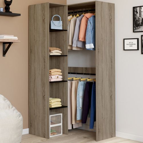 Dressing D'angle Modulable L. 90 / 127 Cm Melman Double Penderie + Étagères Bois Et Noir