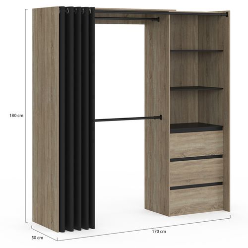 Dressing Extensible Marty 120/170 X 50 X 180 Cm Hêtre Avec 3 Tiroirs + Étagères + Double Penderie +