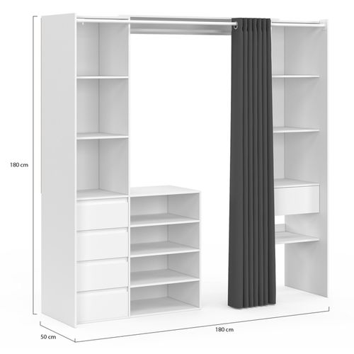 Dressing Extensible Double XXL Meryl 120/180 Cm Blanc Avec Tiroirs + Étagères + Penderie + Rideau Gr
