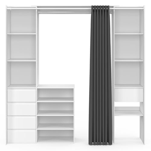 Dressing Extensible Double XXL Meryl 120/180 Cm Blanc Avec Tiroirs + Étagères + Penderie + Rideau Gr