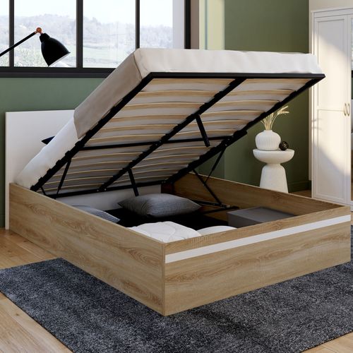 Lit Coffre Double Seaside Avec Tête De Lit Et Sommier 140 X 190 Cm Façon Hêtre Et Blanc