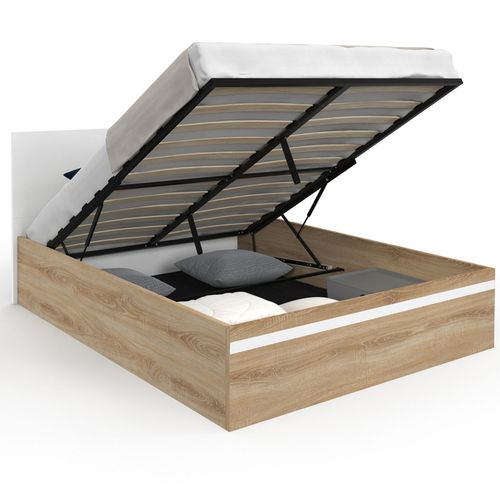 Lit Coffre Double Seaside Avec Tête De Lit Et Sommier 140 X 190 Cm Façon Hêtre Et Blanc