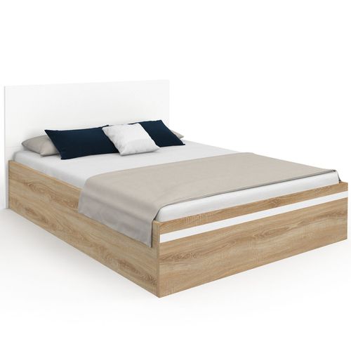 Lit Coffre Double Seaside Avec Tête De Lit Et Sommier 140 X 190 Cm Façon Hêtre Et Blanc