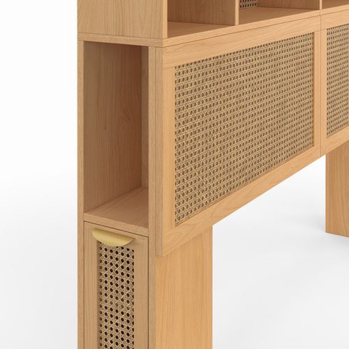 Tête De Lit Edhen 145 Cm Avec Rangements Fermés Et Niches Cannage Et Bois