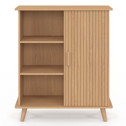 Buffet D'appoint 3 Étagères Et Placard 70 Cm Juliette Effet Lattes Tasseau Bois