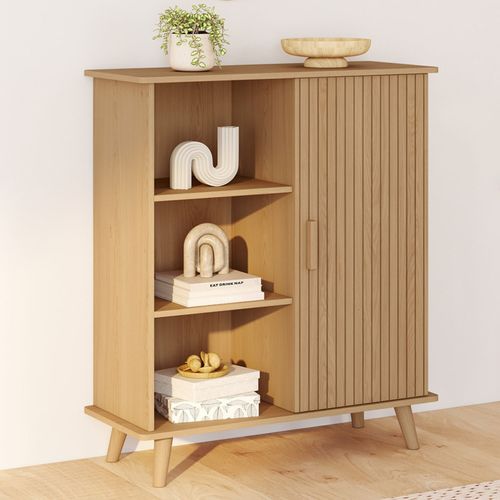 Buffet D'appoint 3 Étagères Et Placard 70 Cm Juliette Effet Lattes Tasseau Bois
