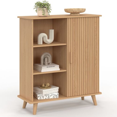Buffet D'appoint 3 Étagères Et Placard 70 Cm Juliette Effet Lattes Tasseau Bois