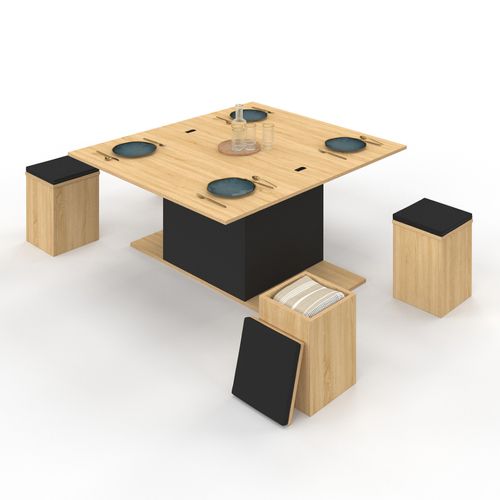 Table Basse Plateau Relevable Rectangulaire Convertible En Table à Manger Eden 100 Cm Bois Et Noir