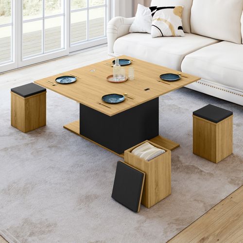 Table Basse Plateau Relevable Rectangulaire Convertible En Table à Manger Eden 100 Cm Bois Et Noir