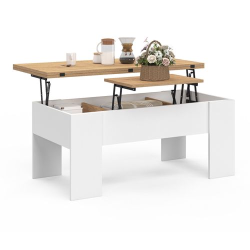 Table Basse Rectangulaire Plateau Relevable Convertible En Table à Manger Tara Bois Blanc Et Imitati