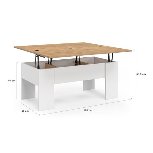 Table Basse Rectangulaire Plateau Relevable Convertible En Table à Manger Tara Bois Blanc Et Imitati